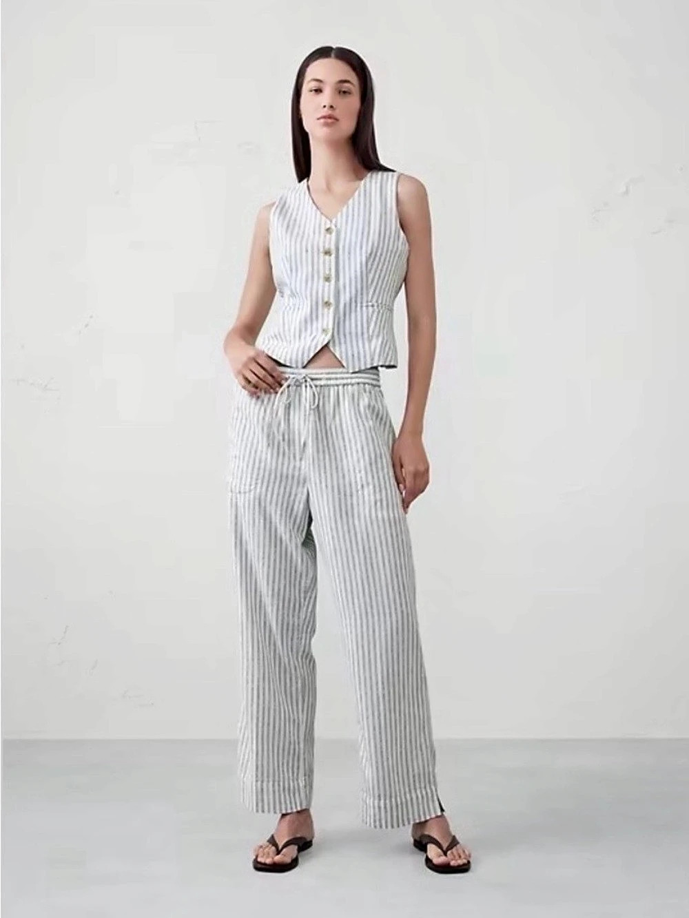 NWT Banana Republic Linen Blend Striped Pants L High Rise Coastal Wide Leg